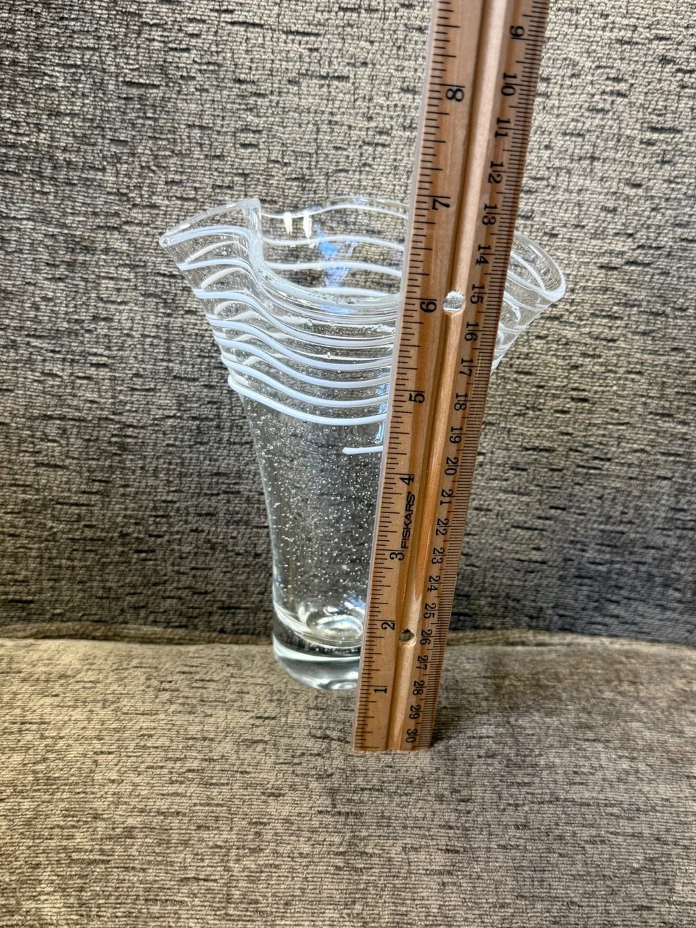 Blown Art Glass Trumpet Handkerchief Vase Clear Bubbles Applied White Rigaree